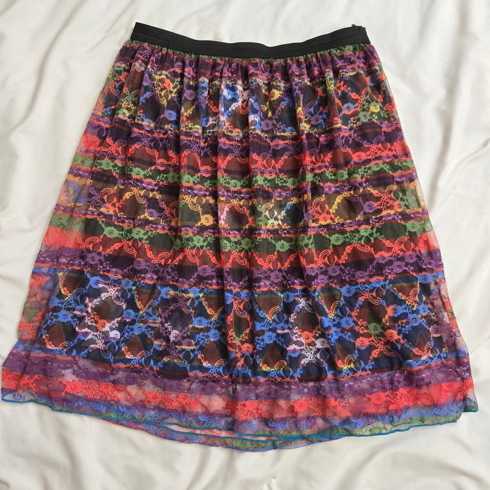 Double Zero Lace Skirt Medium Sheer Rainbow Lined Pull-on Boho Whimsigoth A-Line